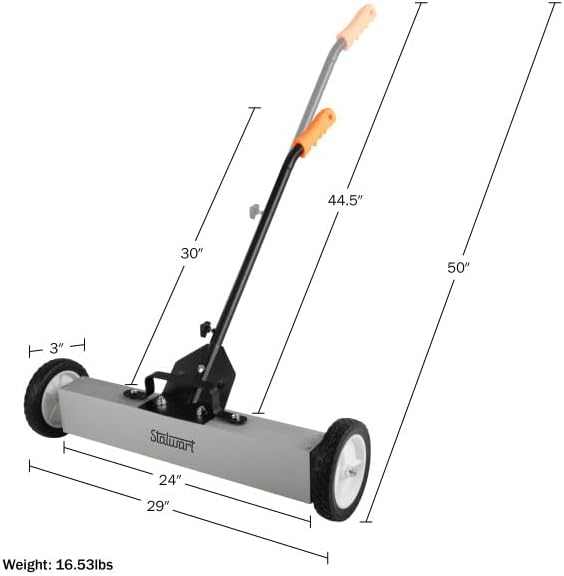 Stalwart Magnetic Sweeper with Wheels - Rolling Nail Magnet Tool, 24-Inch | Magnetic Pickup Tool with Adjustable Handle and 30 to 50-Pound Capacity