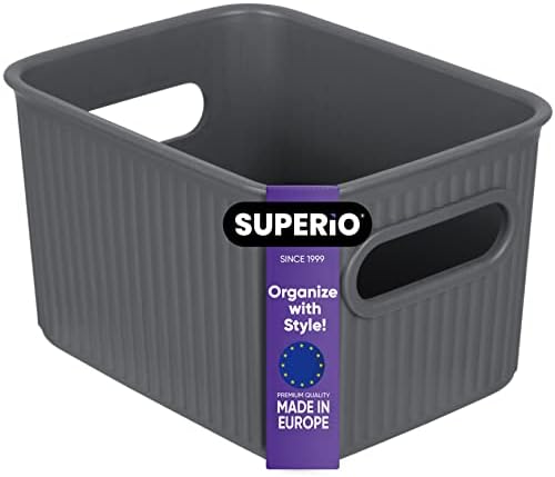 Superio Ribbed Collection - Decorative Plastic Basket Open Home Storage Bins Organizer, Small Grey (1 Pack) Container Boxes for Organizing Closet Storage Bins for Shelves Drawer Shelf 1.5 Liter