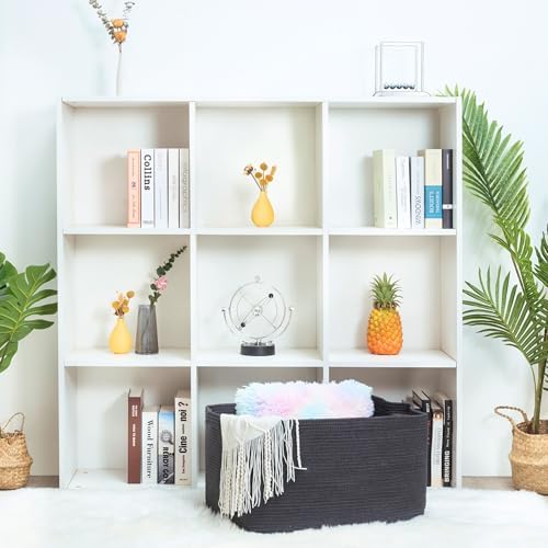 MINTWOOD Design 22in Extra Large Blanket Basket Holder Living Room, Rectangle Rope Woven Storage Basket with Handles for Laundry, Pool Towels, and Shoes, Dog Toy Organizer Bin Box, Charcoal