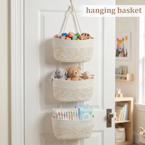 TeoKJ Over the Door Hanging Basket, 3-Tier Woven Cotton Wall-Mounted Storage Organizer Bag Decorative Hanging Nursery Baskets, White & Rainbow Stitching