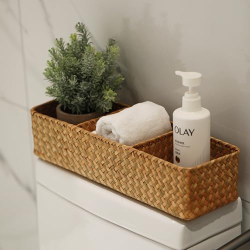 Seagrass Storage Basket 3 Sections Woven Shelf Baskets with Compartment (Natural, 14.6inch x 4.7inch x 3.1inch)