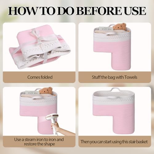 Stair Basket for Wooden & Carpeted Stairs, Foldable Cotton Rope Step Basket with Handles, Staircase Storage Organizer, Pink, 15" Lx 10" W x 15" H