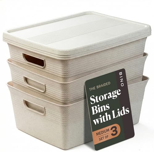 BINO | Plastic Storage Bins with Lids, 13 Liter - 3 Pack, Natural | THE BRAIDED COLLECTION | Plastic Bins for Organization Woven Storage Baskets for Organizing Pantry Shelf Organizer Basket Bin