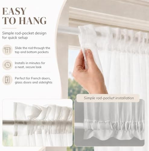 Aquazolax Sheer Door Window Curtains Set of 2, Top and Bottom Rod Pocket Privacy Protect Voile Window Panels for Kitchen French Main Door with Tiebacks - Satin White
