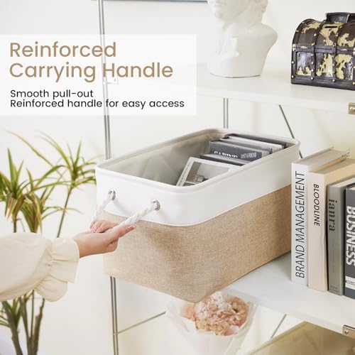 15x11x10 In Foldable Fabric Large Storage Bins with Handle 3 Pack | Organizer Baskets, Sturdy Metal Strand, Cardboard Support Molding, Storage Baskets for Shelves, Closet, Bedroom, White/Khaki