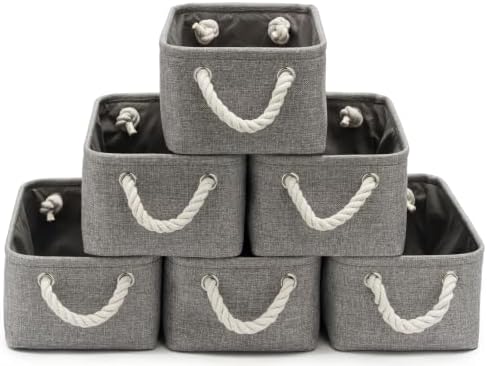 11.8x7.9x5.2 Inch Fabric Small Storage Bins with Handles 6 Pack | Foldable Storage Basket, Sturdy Metal Strand, Cardboard Support Molding, Small Baskets for Organizing, Shelves, Gray