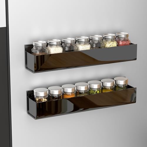 PMMASTO Adhesive Acrylic Spice Rack, Black- 2 Pack | Acrylic Spice Rack Uses Double-Sided Adhesive Tape for Wall, Cabinet Door Pantry Door Storage