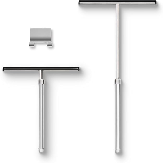 Shower Squeegee with Long Handle and Adhesive Hook. for Glass Doors, Tile Walls, Mirrors and Windows. Telescoping Squeegee for Cleaning. Bathroom Stainless Steel Squeegee, 10inch Wide, Chrome – 1pk