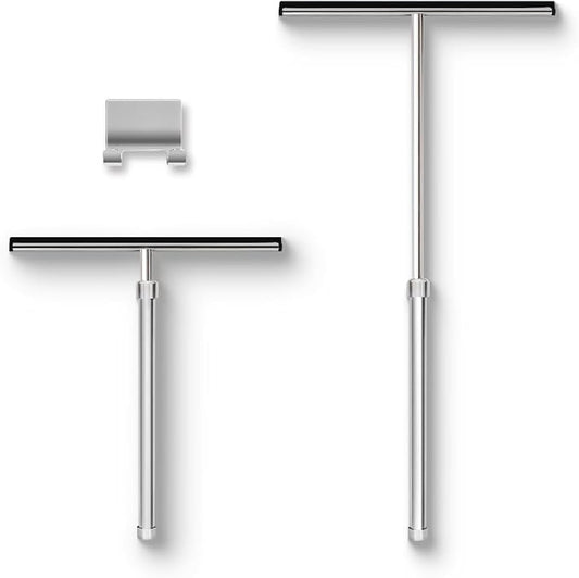 Shower Squeegee with Long Handle and Adhesive Hook. for Glass Doors, Tile Walls, Mirrors and Windows. Telescoping Squeegee for Cleaning. Bathroom Stainless Steel Squeegee, 10inch Wide, Chrome – 1pk