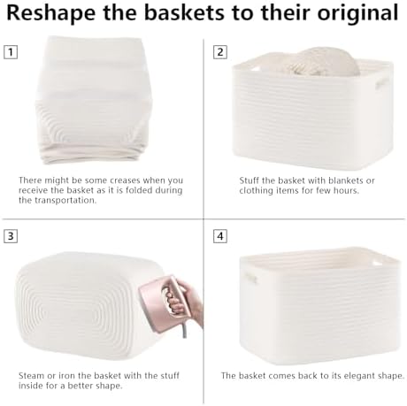 4 Pack Storage Baskets for Organizing Toys, Towels, and Clothes, Woven Basket for Shelves, Sturdy Nursery Cube Bins for Storage, 13''L x9''W x7.8''H, White