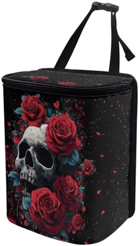 Skull Red Roses Pattern Car Trash Can with Lid and Zipper Portable Foldable Trash Bin for Car Interior Accessories Multipurpose Garbage Can Bags Storage Organizer Halloween Decor