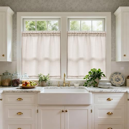48 Inch Linen Small Window Curtains 2 Panels Privacy Semi Sheer | Light Filtering Drapes, for Bedroom Bathroom, Light Coffee Tan Beige, Farmhouse Rustic, Rod Pocket, Door Curtain, W34xL48