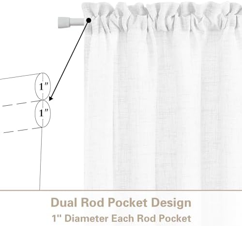 White Linen Door Short Curtains 40 Inch Length for Front French Door | Rod Pocket, Sidelight Drapes, Semi Sheer Light Filtering Privacy, Farmhouse Curtain, 2 Panels, W25xL40, Farmhouse Rustic