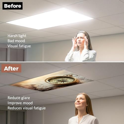 6 Pack Fluorescent Light Covers for Ceiling Lights Magnetic Old Compass World map Travel Geography Navigation Tourism Decorative Magnetic Light Cover Light Filters for Classroom Office Home