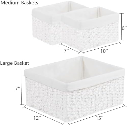 Vagusicc Wicker Basket, Set of 3 Hand-woven Storage Baskets for Organizing, Decorative Rectangle Wicker Storage Basket Bins with Handles, Small Toilet Paper Storage Baskets for Shelves & Decor, White
