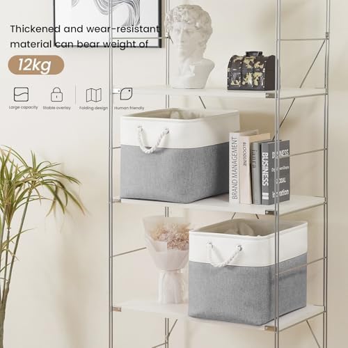 16x12x12 In Foldable Fabric Large Storage Bins with Handle 3 Pack | Storage Basket with Draw String Top, Sturdy Metal Strand, Cardboard Support Molding, for Shelf, Closet, Bedroom, White/Gray
