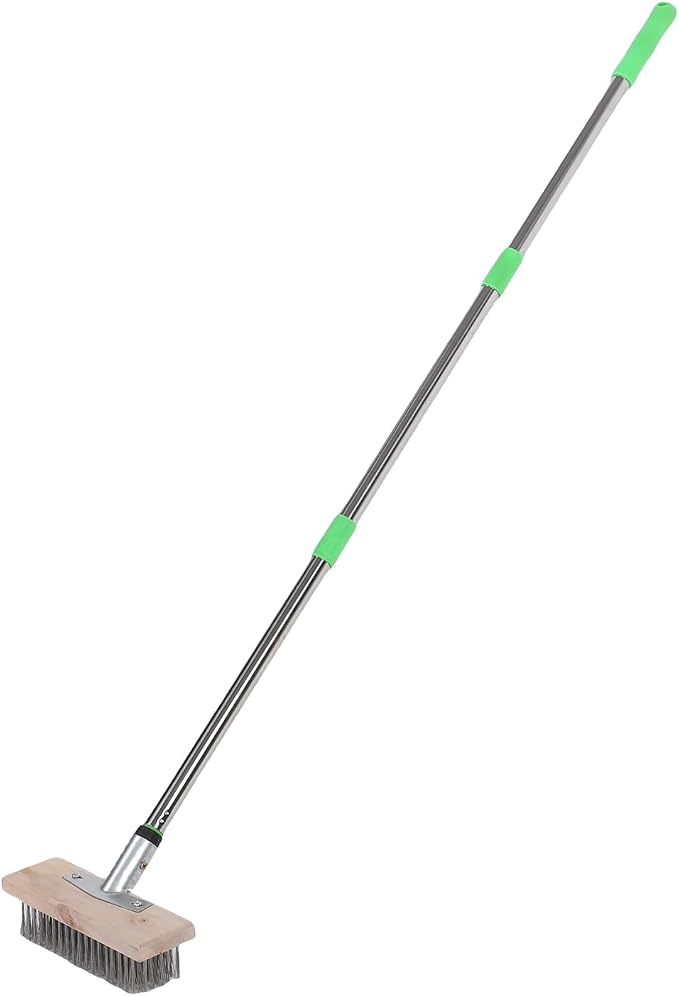Fabater Stainless Steel Deck Scrub Brush, 31.5-47.2in Adjustable Outdoor Scrub Brush Stainless Steel Floor Scrubber with Long Handle for Concrete, Tiles, Decks, Easy Assembly