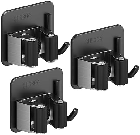 Broom Holder Wall Mount,Mop and Broom Holder Wall Mount Command | 3pcs Garden Tool Organizer,304 Stainless (Black)