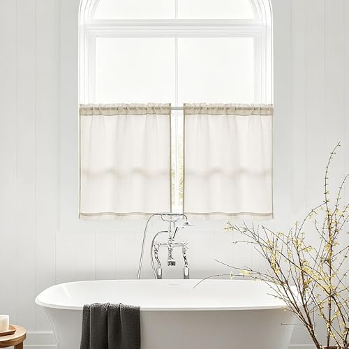 24 Inch Laundry Room Basement Window Curtains 2 Panels Natural Linen | Rod Pocket, Semi Sheer Light Filtering Drapes, for Farmhouse, Cafe Bathroom, Short Curtains, 24 Inches Long, W34xL24