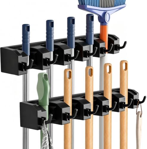 AceMining 2 Pack Black Broom Holder Wall Mount, 5 Holders and 6 Hooks | Mop Holder Wall Mount and Broom Hanger for Garage, Laundry Room, Kitchen and Utility Storage