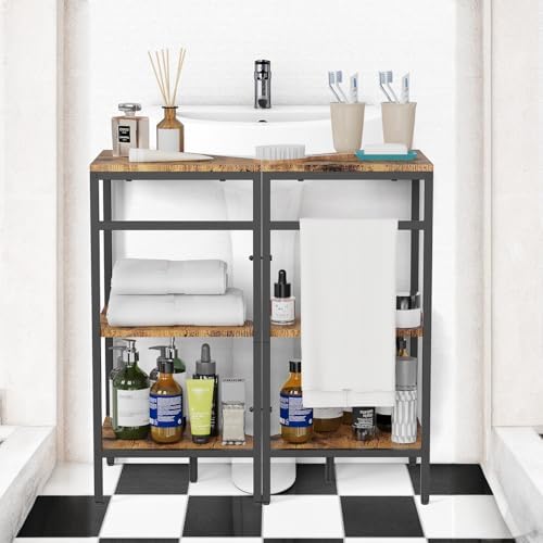 CADUKE Pedestal Sink Storage, 2 Pack Bathroom Under Vanity Storage Shelf | Under Sink Organizer Shelf, Bathroom Organizers Rack Stand, 3 Tier Wooden Corner Shelves, For Small Space, Rustic Brown