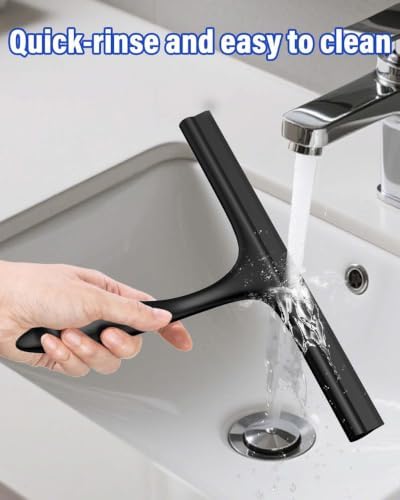 Shower Squeegee for Glass Doors, 10 in Squeegee for Shower with Hook, Black | Rust-Proof, Streak Free, Ergonomic Grip, Silicone Shower Glass Squeegee for Tile Walls, Window, Mirror, Car, Bathroom Cleaner