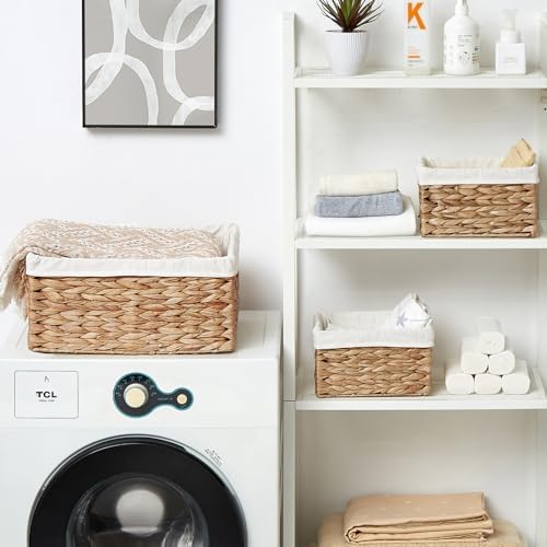 Vagusicc Wicker Basket, 3-Pack Water Hyacinth Wicker Storage Basket with Handles, Storage Baskets for Organizing, Large Hyacinth Storage Baskets for Shelves with Liner (Water Hyacinth Baskets Set)