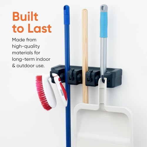 Superio Mop and Broom Holder Wall Mount Storage Organizer for Kitchen, Garage, Garden, 3 Slots (Black)