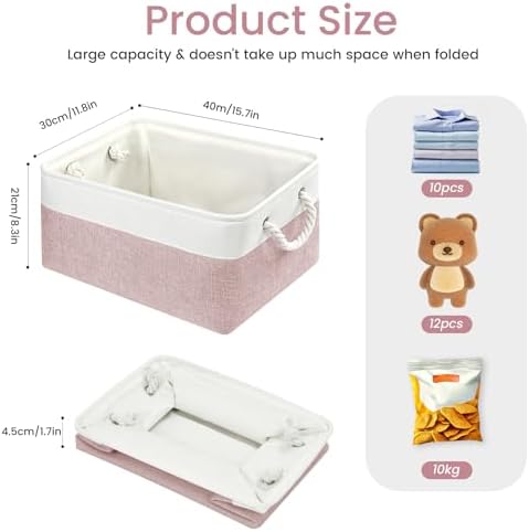 15.7x11.8x8.26 Inch Fabric Large Storage Bins with Handles 6 Pack | Foldable, Sturdy Metal Strand, Cardboard Support Molding, Fabric Storage Baskets for Shelves, Closet, Bedroom, White/Pink
