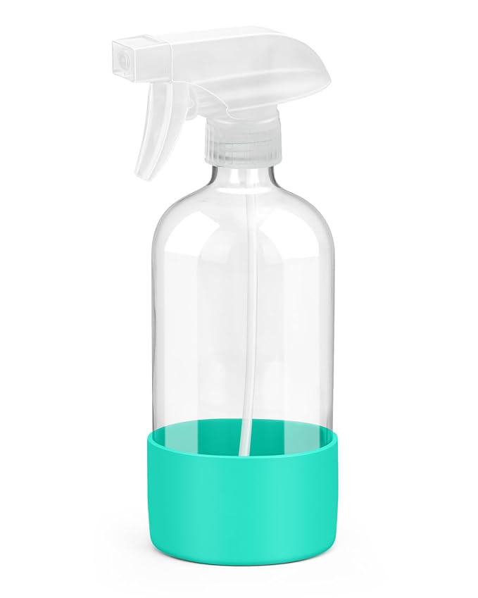 Glass Spray Bottles for Cleaning - 16 oz Spray Bottles with Silicone Sleeve | Adjustable Nozzle, Refillable, Mist&Steam, Leak-proof, Anti-slip, Spray Bottles for Hair, Cleaning Solutions, Plants, Green