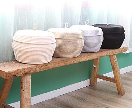 Sea Team Round Woven Cotton Rope Storage Basket with Lid, Khaki | Lidded Knitted Decorative Storage Bin, Pot, Caddy, Organizer, Container for Snacks, Towels, Plants, 13 x 9 Inches