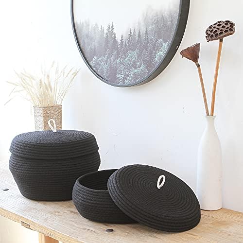 Sea Team Round Woven Cotton Rope Storage Basket with Lid, Black | Lidded Knitted Decorative Storage Bin, Pot, Caddy, Organizer, Container for Snacks, Towels, Plants, 13 x 5.5 Inches