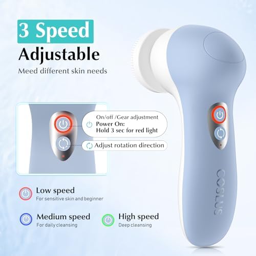 COSLUS FBX04 Facial Cleansing Brush Scrubber, 3-in-1 Bi‑Directional Spin | Electric Spin Brush for Removing Blackhead, Exfoliating, Massaging, Type-C Rechargeable, 3 Speeds, Waterproof, Men Women Blue