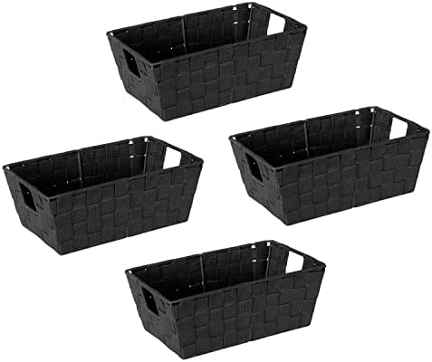 Simplify Small Shelf Woven Strap Tote | Decorative Storage Basket | Built in Handles | Organization | Closet | Bedroom | Bathroom | Nursery | Accessories | Toys | Gifts | 4 Pack | Black
