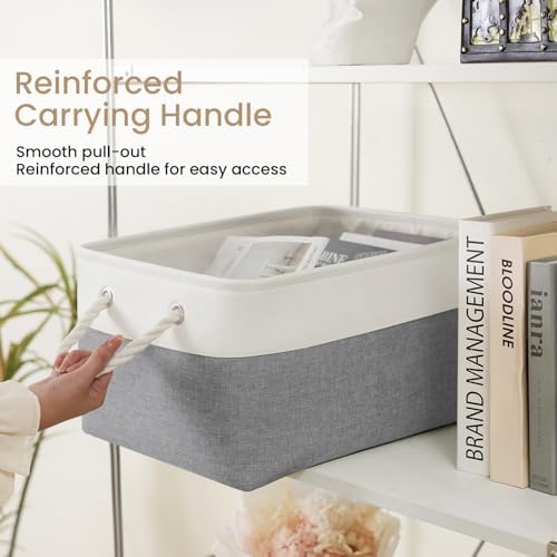 15.7x11.8x8.26 Inch Fabric Large Storage Bins with Handles 3 Pack | Foldable, Sturdy Metal Strand, Cardboard Support Molding, Fabric Storage Baskets for Shelves, Closet, Bedroom, White/Gray