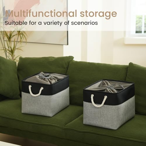 16x12x12 In Foldable Fabric Large Storage Bins with Handle 1 Pack | Storage Basket with Draw String Top, Sturdy Metal Strand, Cardboard Support Molding, for Shelf, Closet, Bedroom, Black/Gray