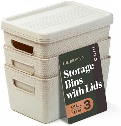 BINO | Plastic Storage Bins with Lids, 5 Liter - 3 Pack, Natural | THE BRAIDED COLLECTION | Plastic Bins for Organization Woven Storage Baskets for Organizing Pantry Shelf Organizer Basket Bin