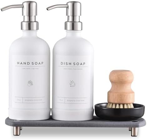 [Luxury] Kitchen Soap Dispenser Set - 16OZ White Glass Bottle, Stainless Steel Pump, Instant Dry Tray, Waterproof Labels, Non-Slip Silicone Pad, and Dish Brush | Upgrade for Your Kitchen and Bathroom