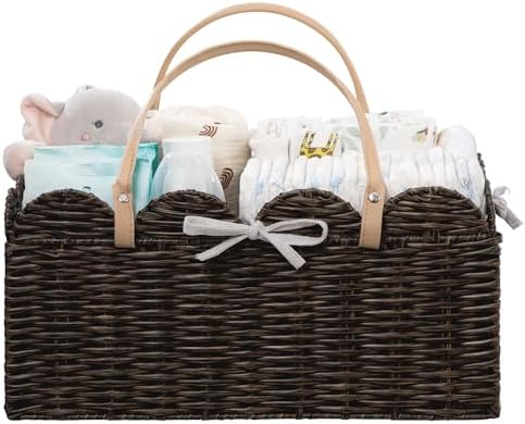 HBlife Baby Diaper Caddy Organizer, Portable Scalloped Plastic Wicker Woven Basket with Divider, Nursery Diaper Station, Baby Shower Gifts Basket, Car Organizer, Washable Waterproof