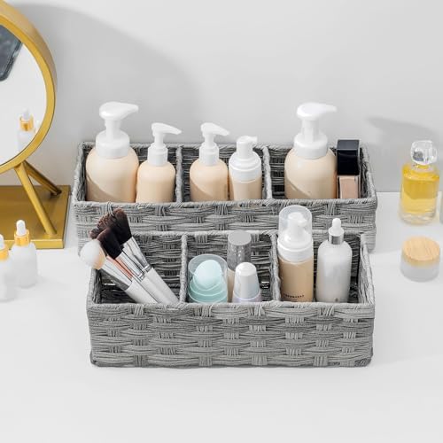 Toilet Tank Topper Paper Basket Multiuse Hand Woven Plastic Wicker Basket Bins with Divider for Shelves Rustic Farmhouse Bathroom Decor Countertop Organizer Storage