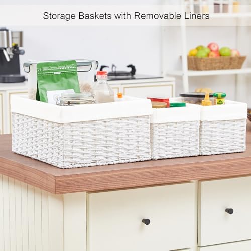 Vagusicc Wicker Basket, Set of 3 Hand-woven Storage Baskets for Organizing, Decorative Rectangle Wicker Storage Basket Bins with Handles, Small Toilet Paper Storage Baskets for Shelves & Decor, White