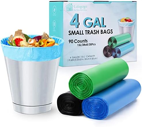 4 Gallon Small Trash Bags: 90 Count Thick 15L Bathroom Garbage Bags | Unscented 15L Wastebasket Liners, Tear-Resistant Small Plastic Bags for Office Bedroom & Cat Litter