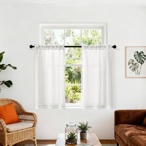 Off White Semi Sheer Linen RV Campers Curtains 45 Inch Long 2 Panels | Ivory, Rustic, Short Curtains for Cafe Small Window Treatment, Light Filter, W25xL45 Inch, Rod Pocket Drapes