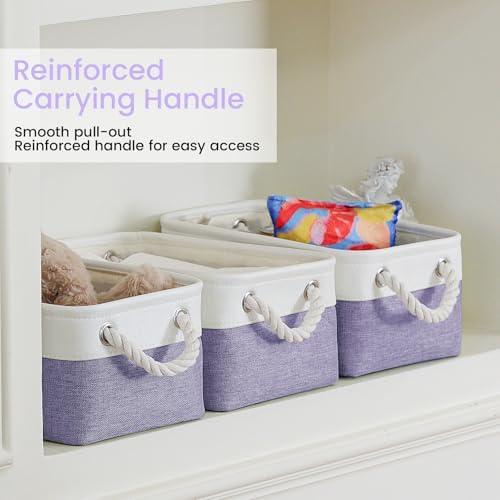 11.8x7.9x5.2 Inch Fabric Small Storage Bins with Handles 6 Pack | Foldable Storage Basket, Sturdy Metal Strand, Cardboard Support Molding, Small Baskets for Organizing, Shelves, White/Purple