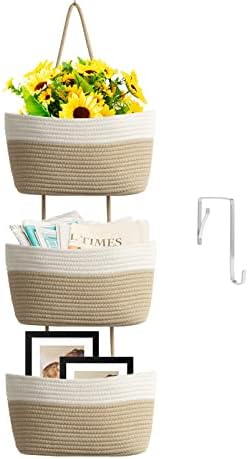 TeoKJ Over the Door Hanging Basket, 3-Tier Woven Cotton Wall-Mounted Storage Organizer Bag Decorative Hanging Nursery Baskets, White & Jute | Woven Cotton, Wall-Mounted Storage Organizer Bag, Decorative Hanging Nursery Baskets
