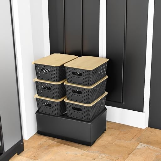 Ohmlove 6 Pack Plastic Storage Baskets with Bamboo Lids for Organization | Stackable Storage bins, Storages Baskets for Organizing Shelves Drawers Desktop Closet Playroom Classroom Office,Black