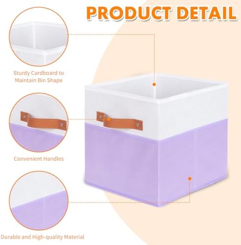 ShellKingdom Storage Bins, Two-Tone Foldable Fabric Storage Cubes with Leather Handle for Closet Toys Clothes Storage Organizer Drawer, 10.5 X 10.5 X 11 inch, 2 Pack (White/Lavender)