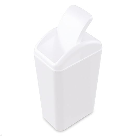 White Plastic Trash Bin with Lid, 3.5 Gallon Swing-Top Trash Can | Slim Garage Can with Swing Top Lid, 12 L Capacity, for Bedroom, Restroom, Bathroom
