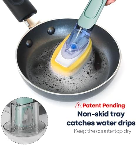 RIMAY Dish Brush Set with Soap Dispenser, 2 Refills and Storage Holder | Soap Dispensing Dish Brush dish scrubber with handle for Cleaning Dishes, Pans, Sink, Pots, Blue