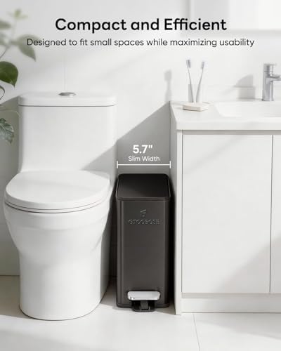6L/1.6G Slim Bathroom Trash Can, Narrow Stainless Steel Soft-Close Pedal Bin with Lid, Odor-free Carbon Box, Removable Inner Bucket, Modern Metal Waste Bin for Bedroom, Office (Titanium Gray)